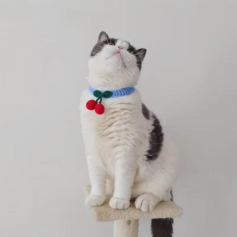 Pet Collar Handmade Knitted Cat Collar with Cherry Decor Cute Cat Necklace Cat Supplies Ошейник Для Кошек Para Gatos Accesorios