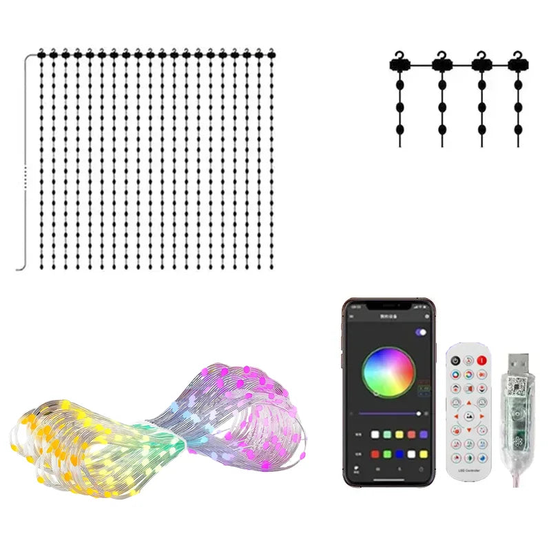 400 LED IP65 Luces de cortina impermeables, Luces de cortina LED inteligentes GIF para bricolaje,  Luces navideñas RGB que cambian de color, decoración festiva.