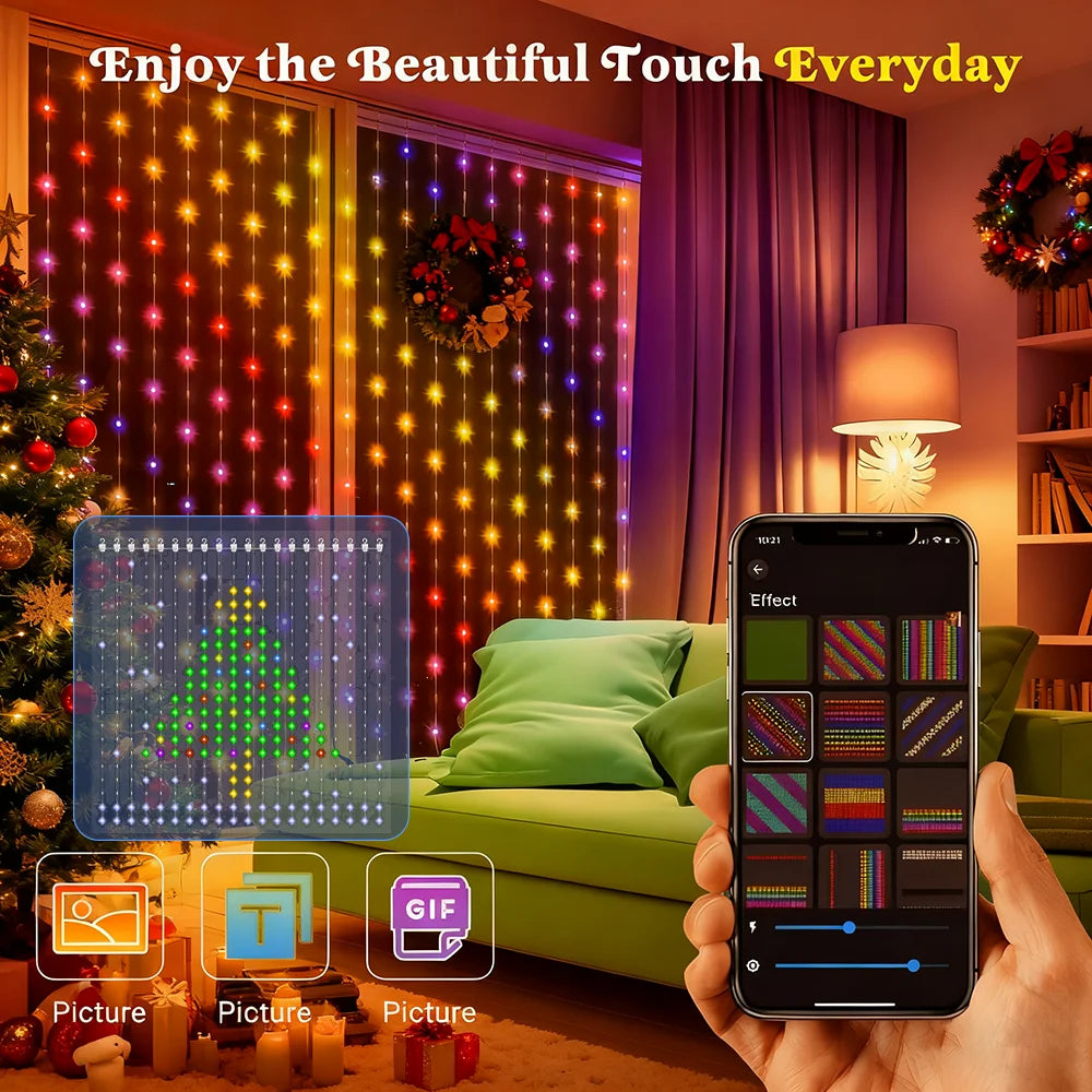 400 LED IP65 Luces de cortina impermeables, Luces de cortina LED inteligentes GIF para bricolaje,  Luces navideñas RGB que cambian de color, decoración festiva.