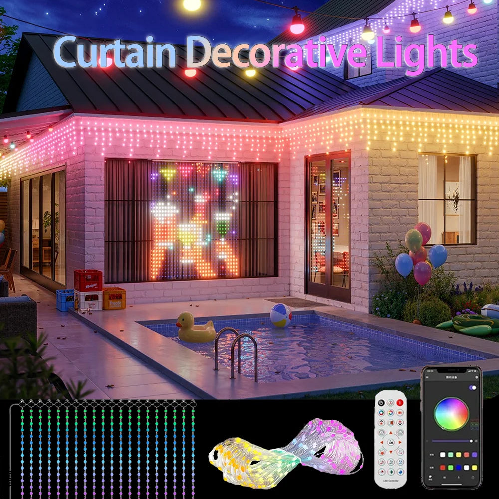 400 LED IP65 Luces de cortina impermeables, Luces de cortina LED inteligentes GIF para bricolaje,  Luces navideñas RGB que cambian de color, decoración festiva.