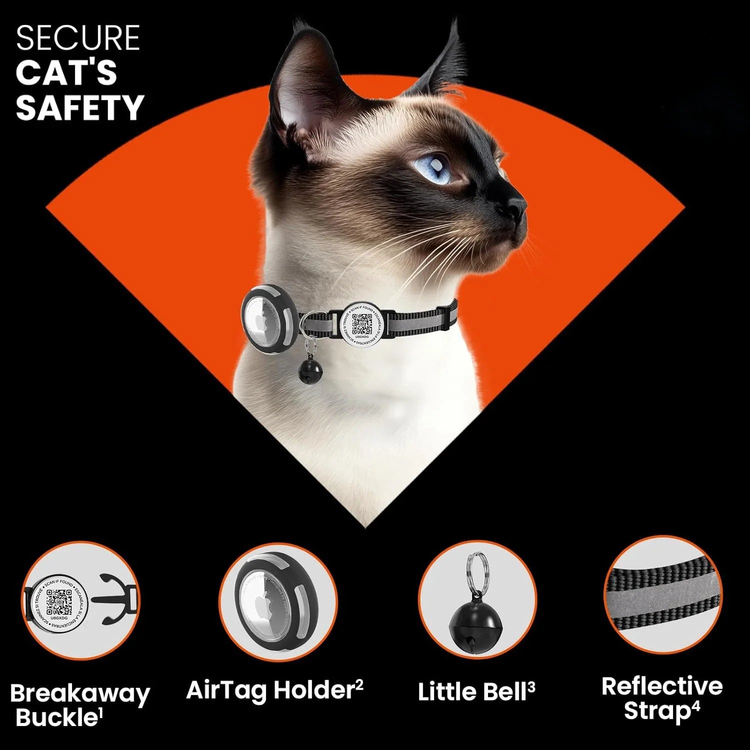 Anti-Loss Cat Collar with Airtag Holder, Breakaway QR Code Tag Buckle, Adjustable Kittens Collar with for Apple Air Tag Case